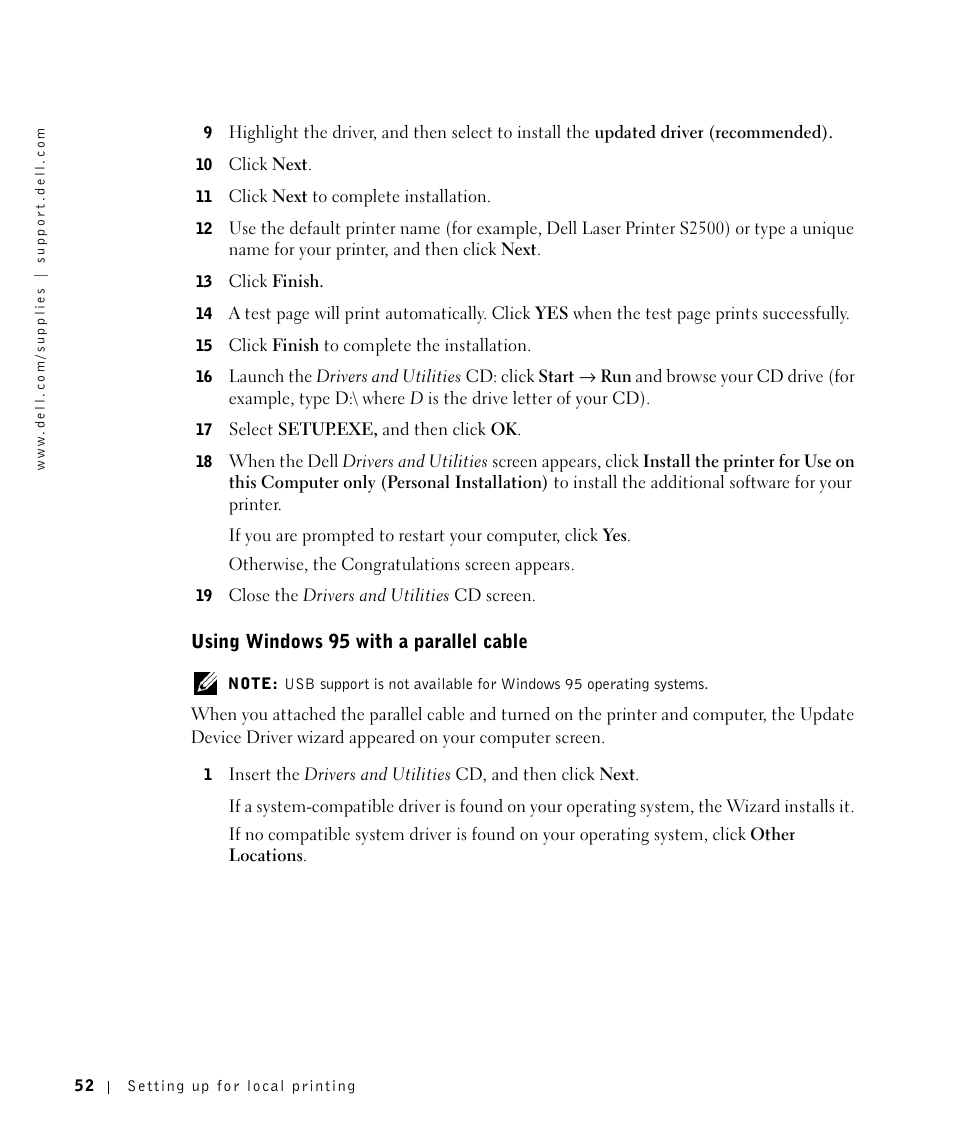 Using windows95 withaparallelcable, Using windows 95 with a parallel cable | Dell Workgroup Laser Printer S2500/S2500n User Manual | Page 52 / 124