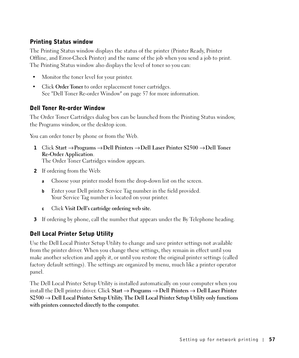 Printing status window, Dell toner re-order window, Dell local printer setup utility | Dell Workgroup Laser Printer S2500/S2500n User Manual | Page 57 / 124