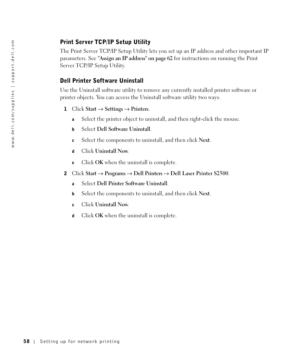 Print server tcp/ip setup utility, Dell printer software uninstall | Dell Workgroup Laser Printer S2500/S2500n User Manual | Page 58 / 124