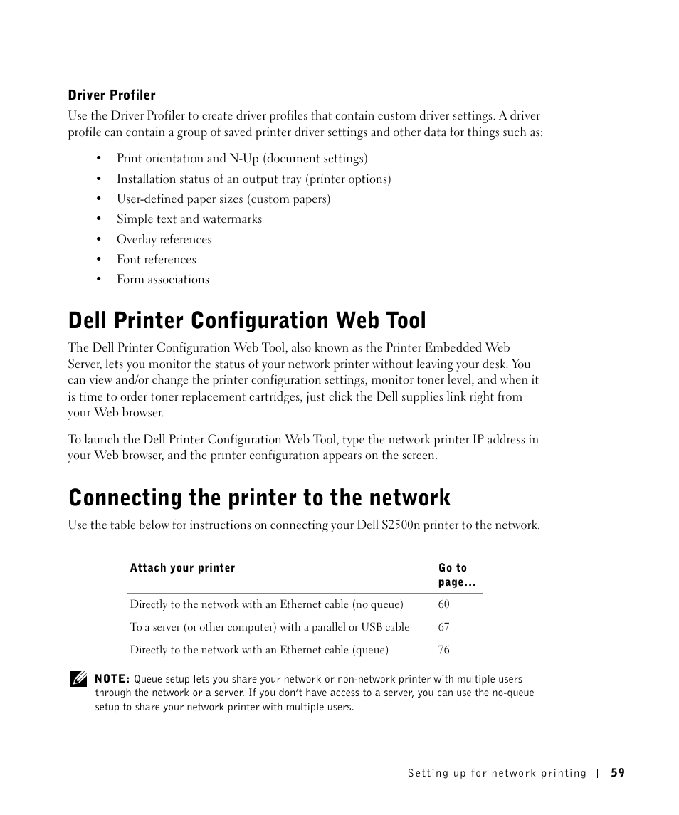 Driver profiler, Dell printer configuration web tool, Connecting the printer to the network | Dell Workgroup Laser Printer S2500/S2500n User Manual | Page 59 / 124