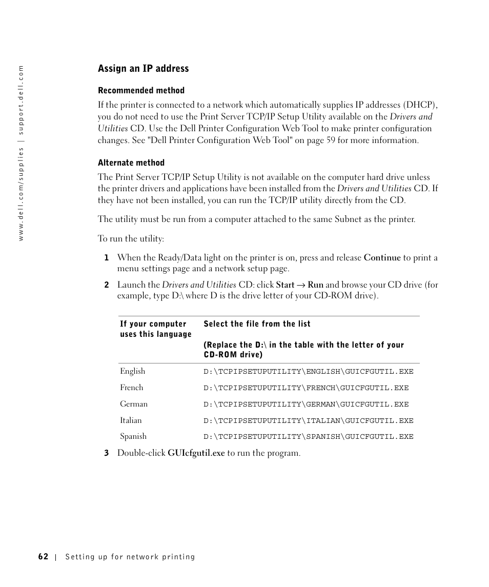 Assign an ip address | Dell Workgroup Laser Printer S2500/S2500n User Manual | Page 62 / 124