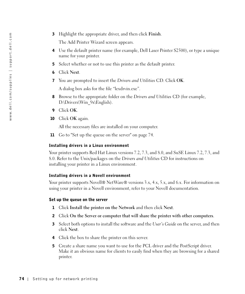 Dell Workgroup Laser Printer S2500/S2500n User Manual | Page 74 / 124