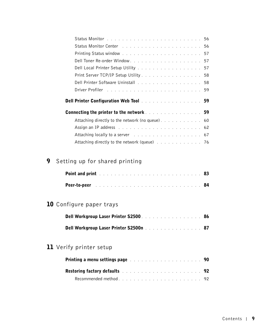 9setting up for shared printing, 10 configure paper trays, 11 verify printer setup | Dell Workgroup Laser Printer S2500/S2500n User Manual | Page 9 / 124