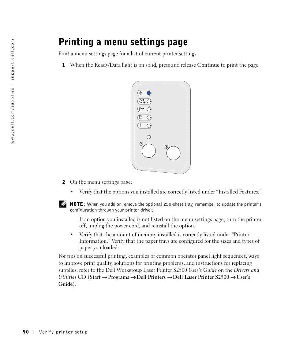 Printing a menu settings page | Dell Workgroup Laser Printer S2500/S2500n User Manual | Page 90 / 124