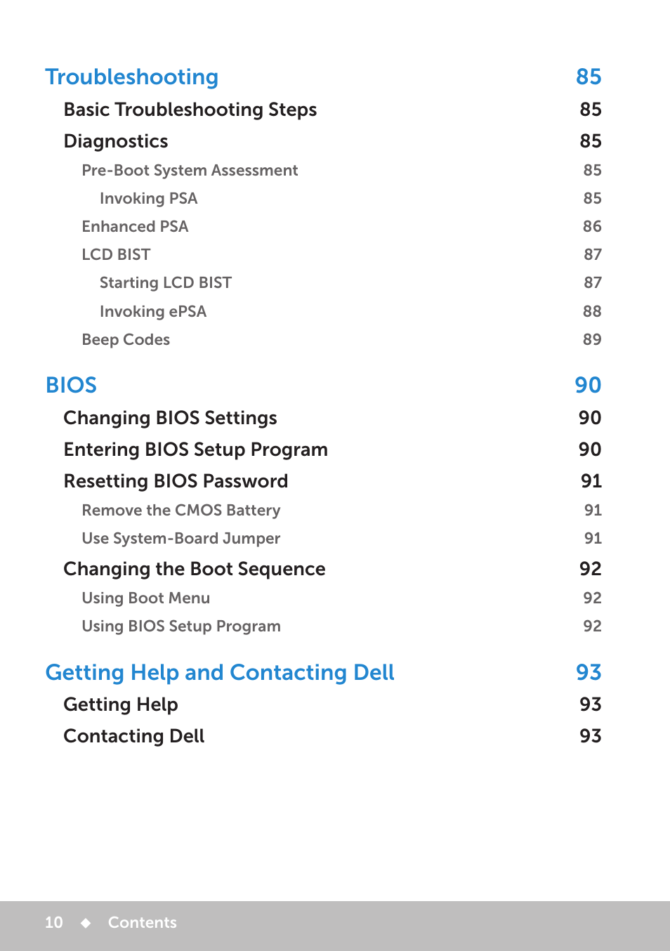 Troubleshooting 85, Bios 90, Getting help and contacting dell 93 | Dell Inspiron 11 3148 User Manual | Page 10 / 102