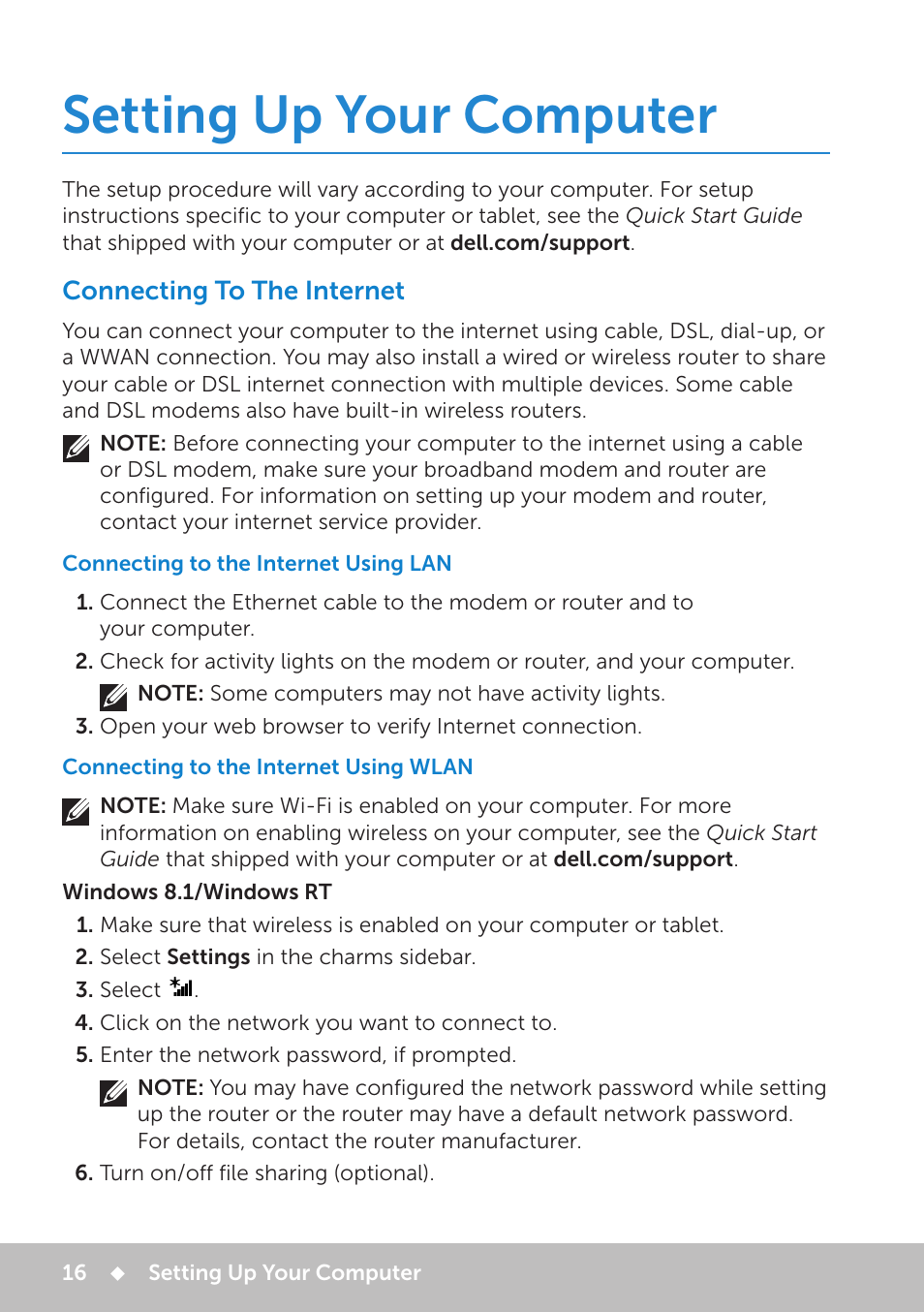 Setting up your computer, Connecting to the internet, Connecting to the internet using lan | Connecting to the internet using wlan | Dell Inspiron 11 3148 User Manual | Page 16 / 102