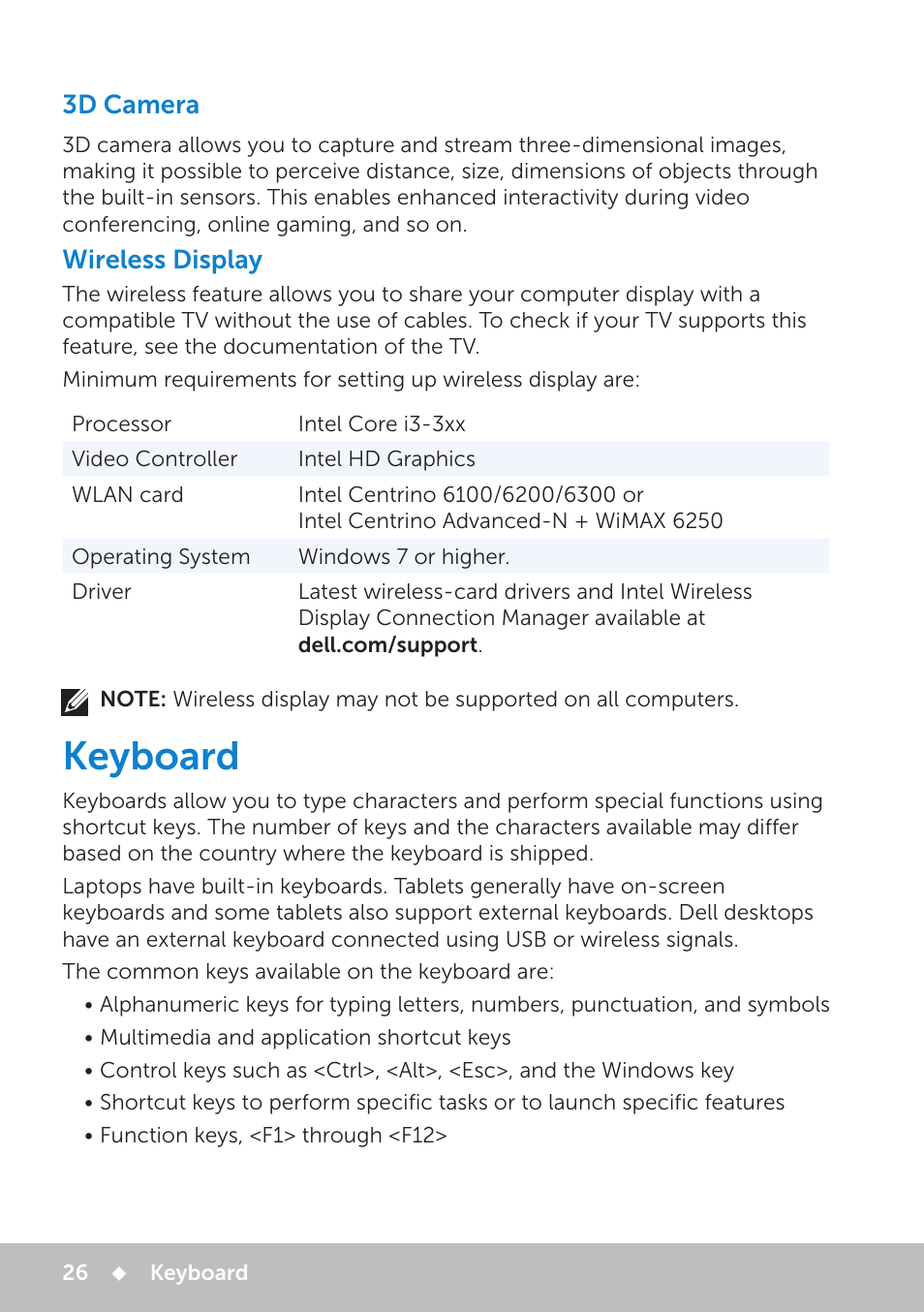 3d camera, Keyboard, Keyboard 26 | Wireless display | Dell Inspiron 11 3148 User Manual | Page 26 / 102