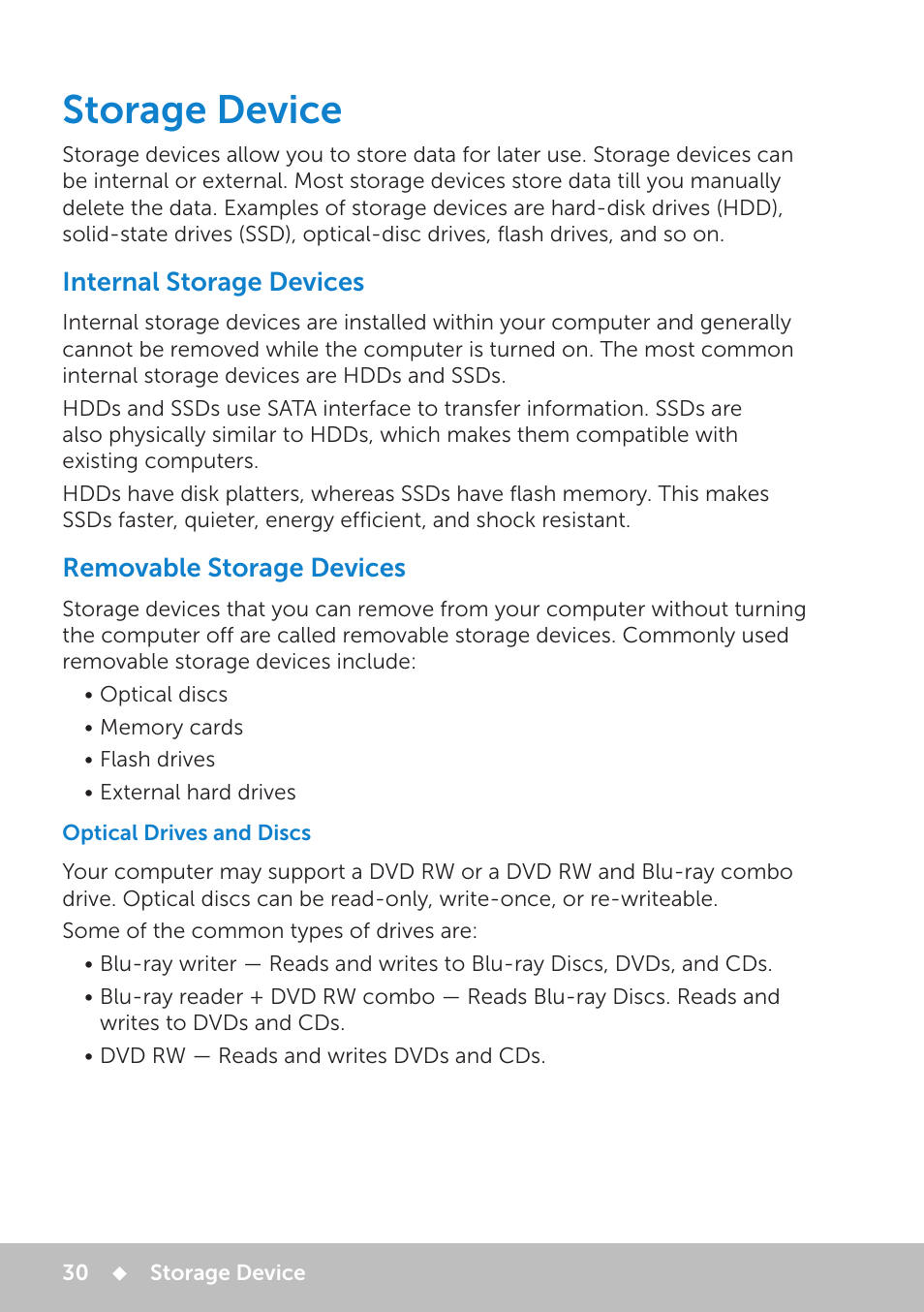 Storage device, Internal storage devices, Removable storage devices | Optical drives and discs | Dell Inspiron 11 3148 User Manual | Page 30 / 102