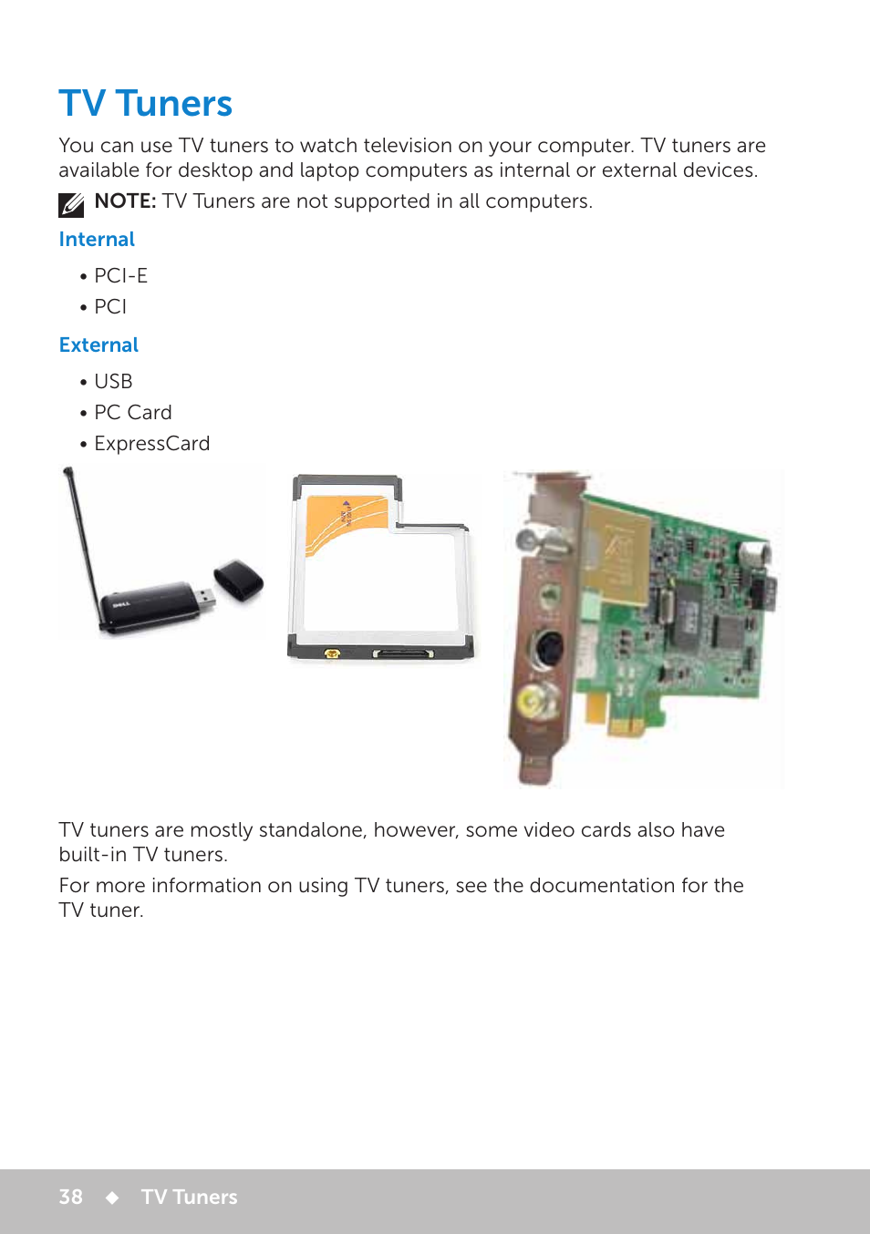 Tv tuners, Internal, External | Internal 38, External 38 | Dell Inspiron 11 3148 User Manual | Page 38 / 102