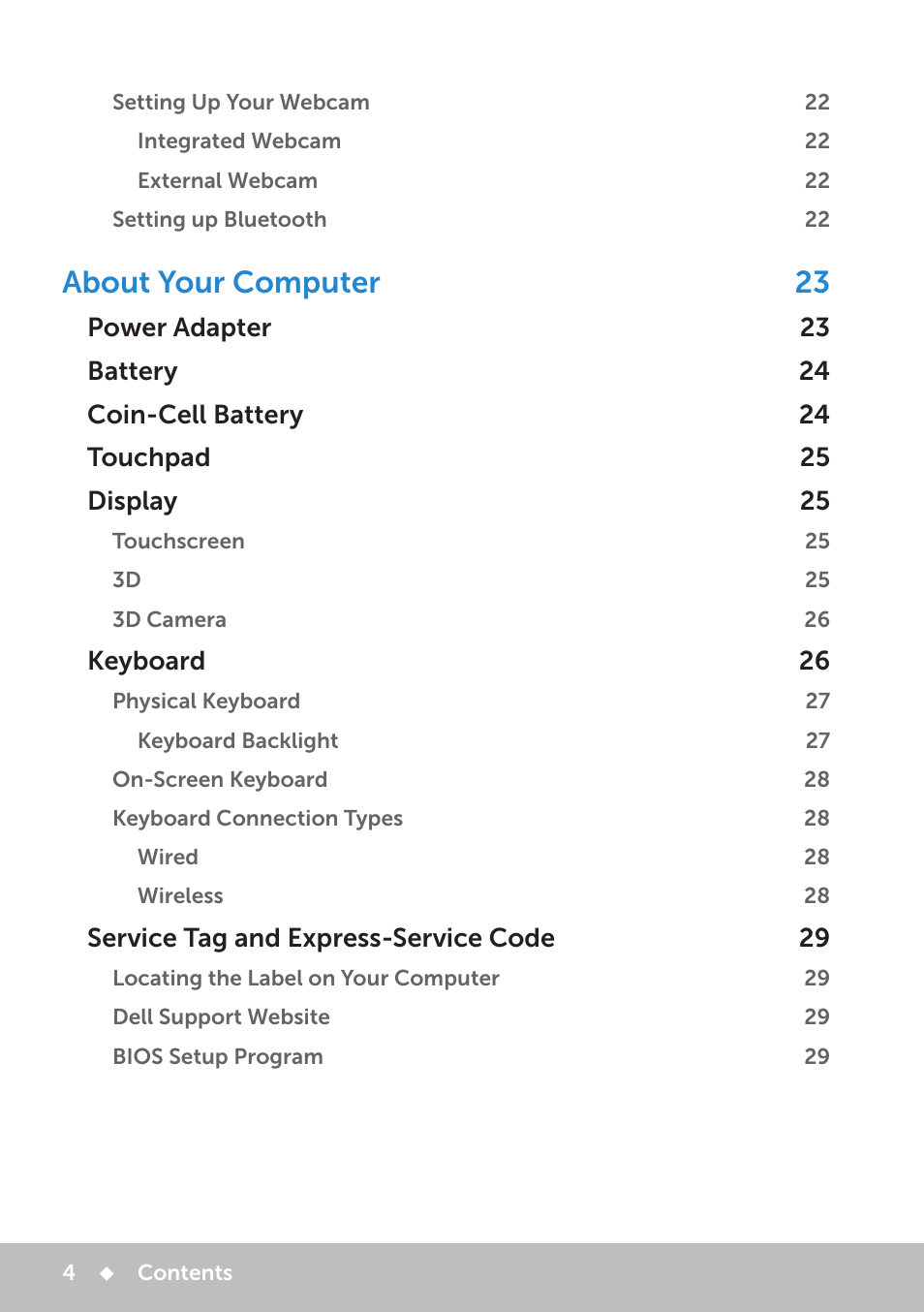 About your computer 23, Keyboard 26, Service tag and express-service code 29 | Dell Inspiron 11 3148 User Manual | Page 4 / 102