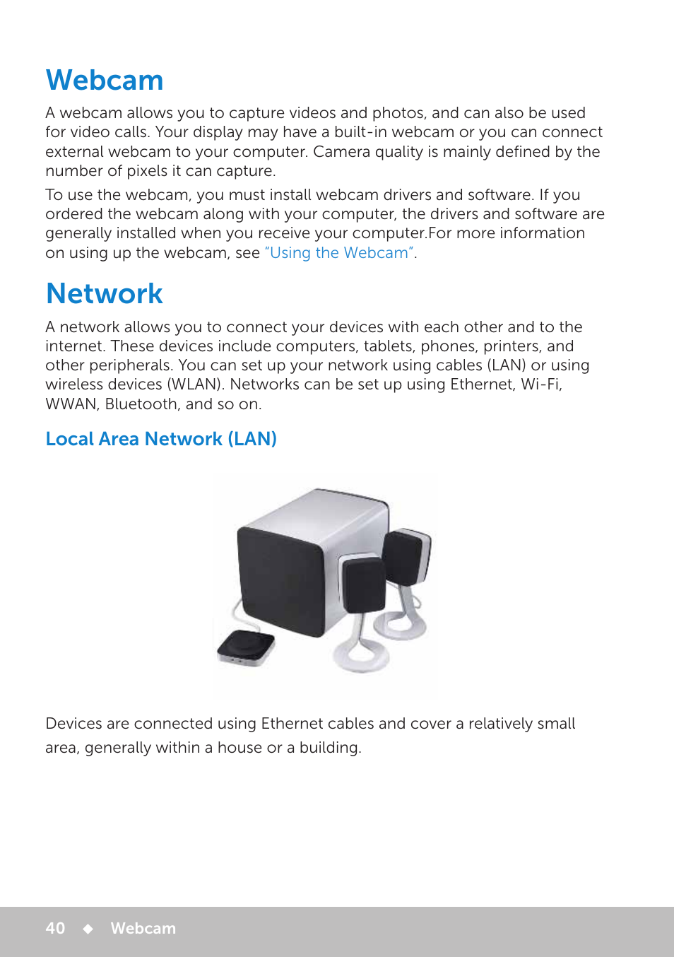 Webcam, Network, Local area network (lan) | Webcam 40 network 40 | Dell Inspiron 11 3148 User Manual | Page 40 / 102