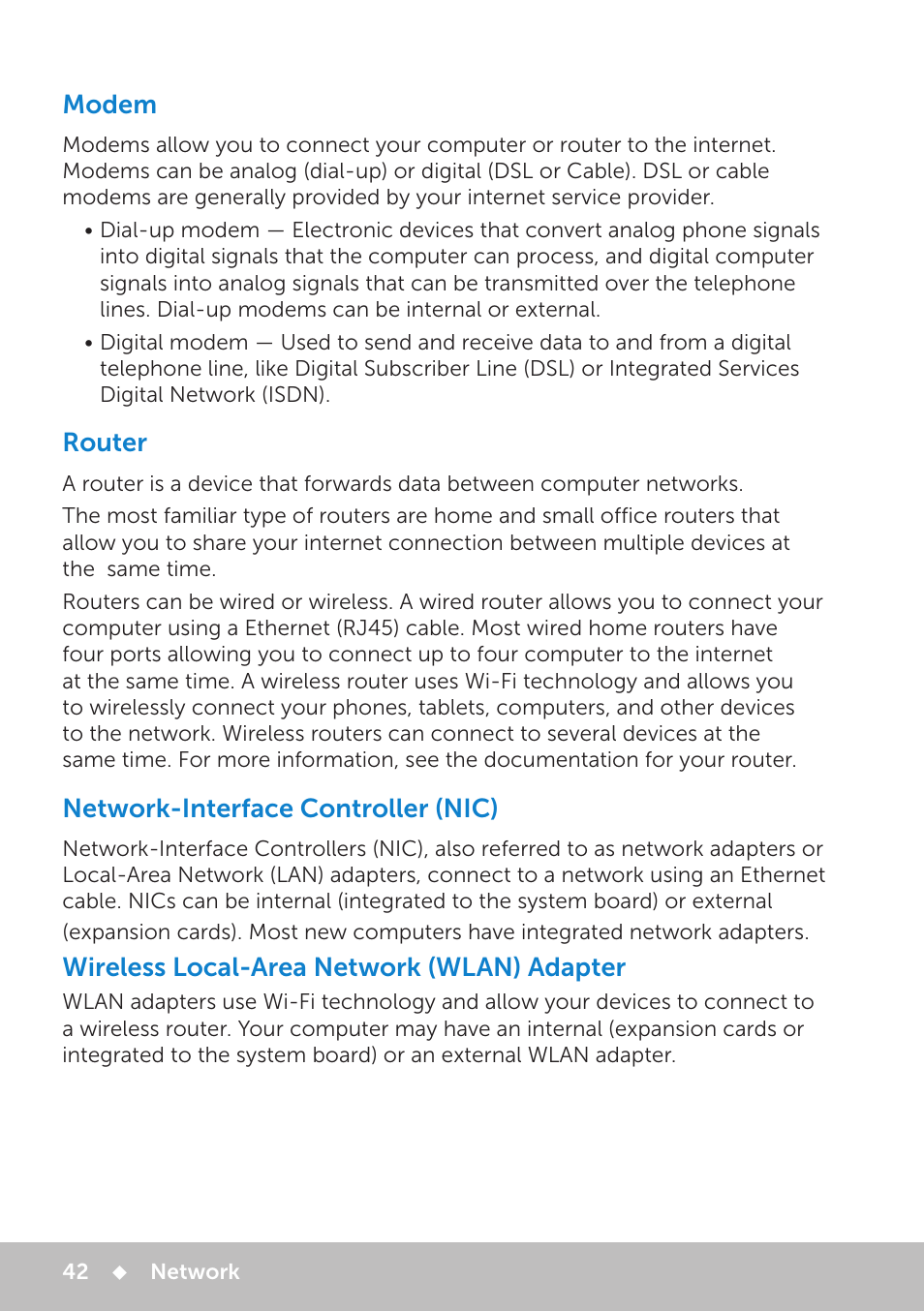 Modem, Router, Network‑interface controller (nic) | Modem 42, Router 42, Network-interface controller (nic), Wireless local‑area network (wlan) adapter | Dell Inspiron 11 3148 User Manual | Page 42 / 102