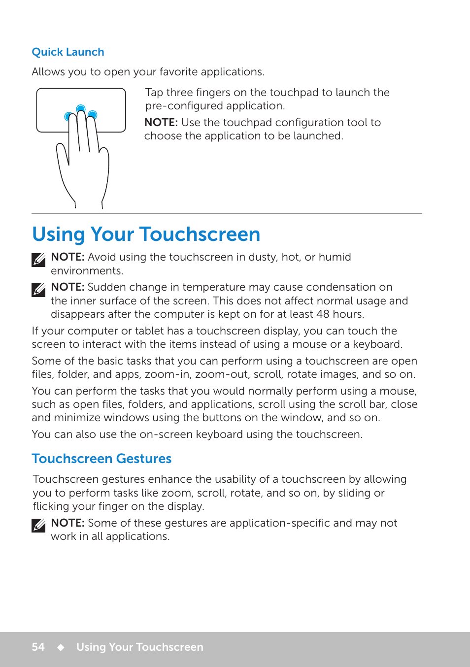 Quick launch, Using your touchscreen, Touchscreen gestures | Using your, Touchscreen | Dell Inspiron 11 3148 User Manual | Page 54 / 102