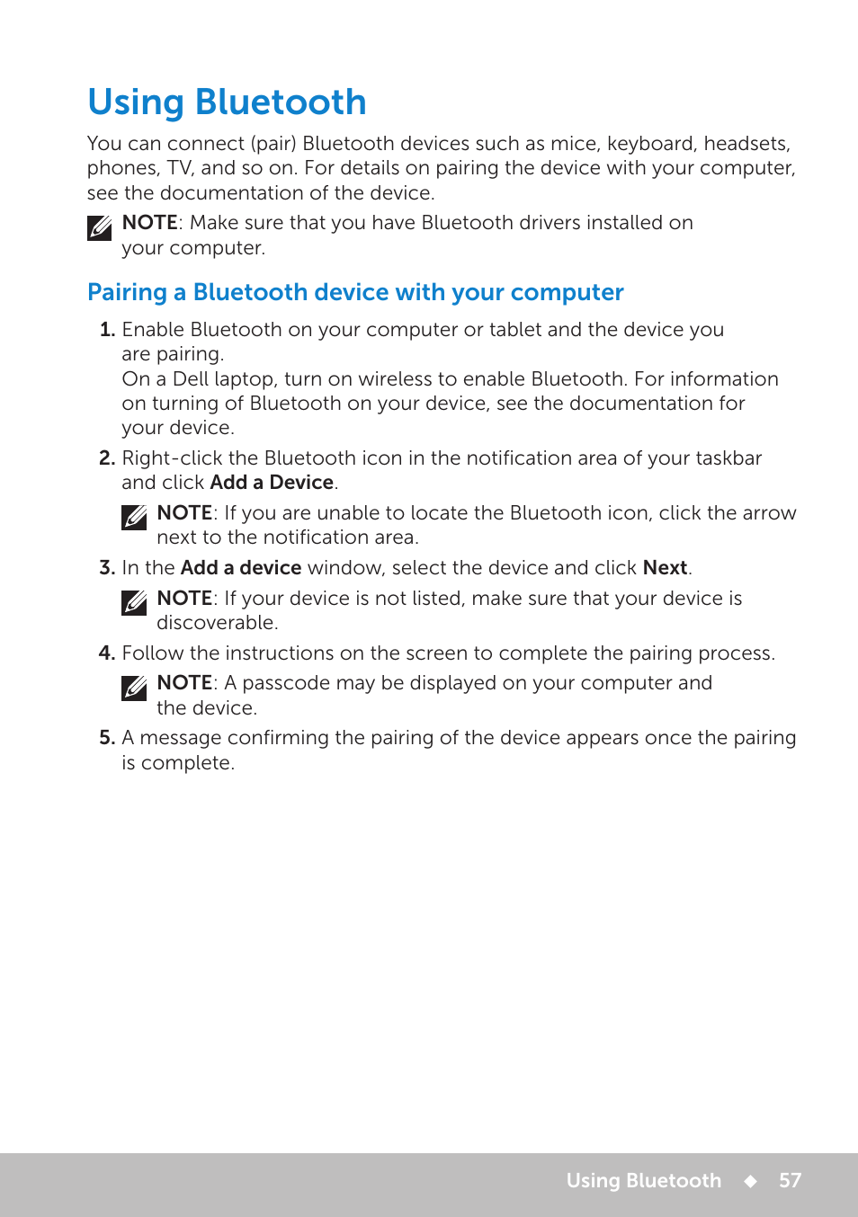 Using bluetooth, Pairing a bluetooth device with your computer | Dell Inspiron 11 3148 User Manual | Page 57 / 102