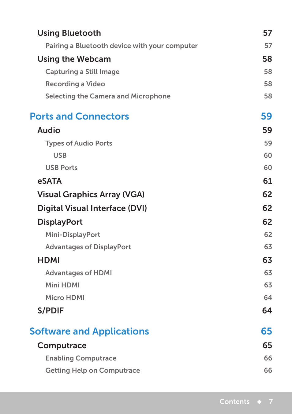 Ports and connectors 59, Software and applications 65 | Dell Inspiron 11 3148 User Manual | Page 7 / 102