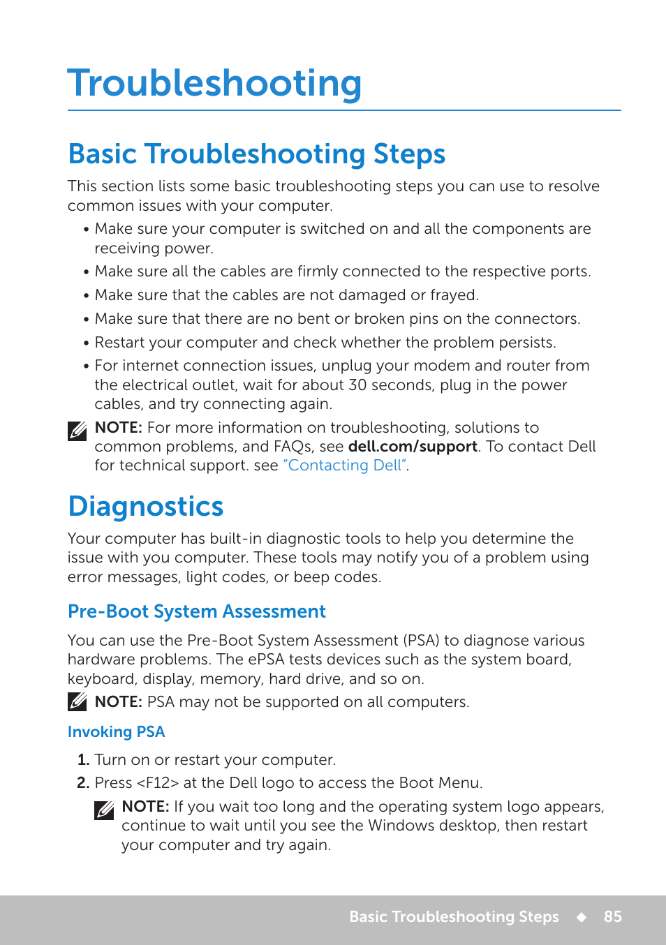 Troubleshooting, Basic troubleshooting steps, Diagnostics | Pre-boot system assessment, Invoking psa, Troubleshooting 85, Diagnostics 85 | Dell Inspiron 11 3148 User Manual | Page 85 / 102