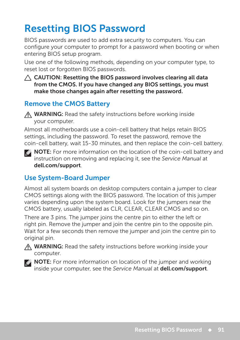 Resetting bios password, Remove the cmos battery, Use system‑board jumper | Use system-board jumper | Dell Inspiron 11 3148 User Manual | Page 91 / 102