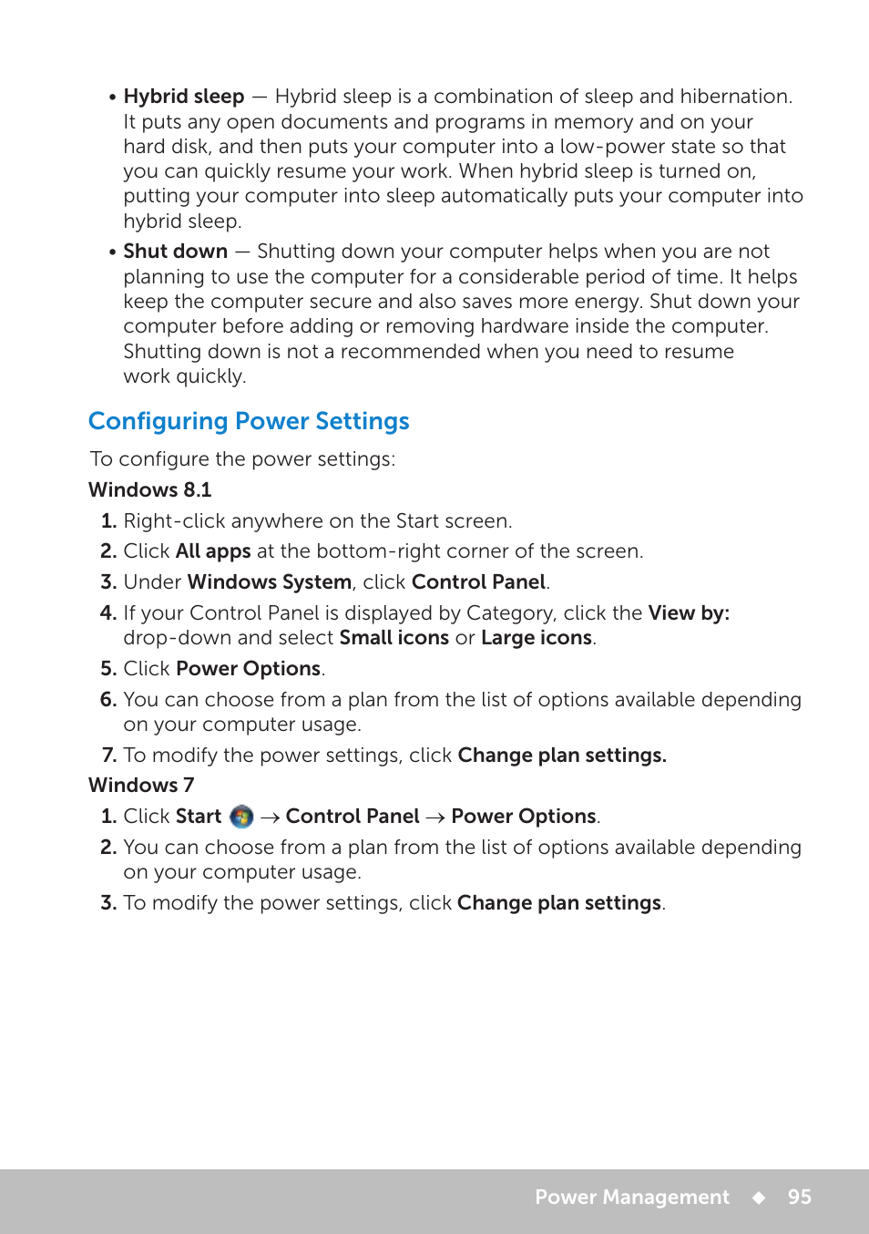 Configuring power settings | Dell Inspiron 11 3148 User Manual | Page 95 / 102