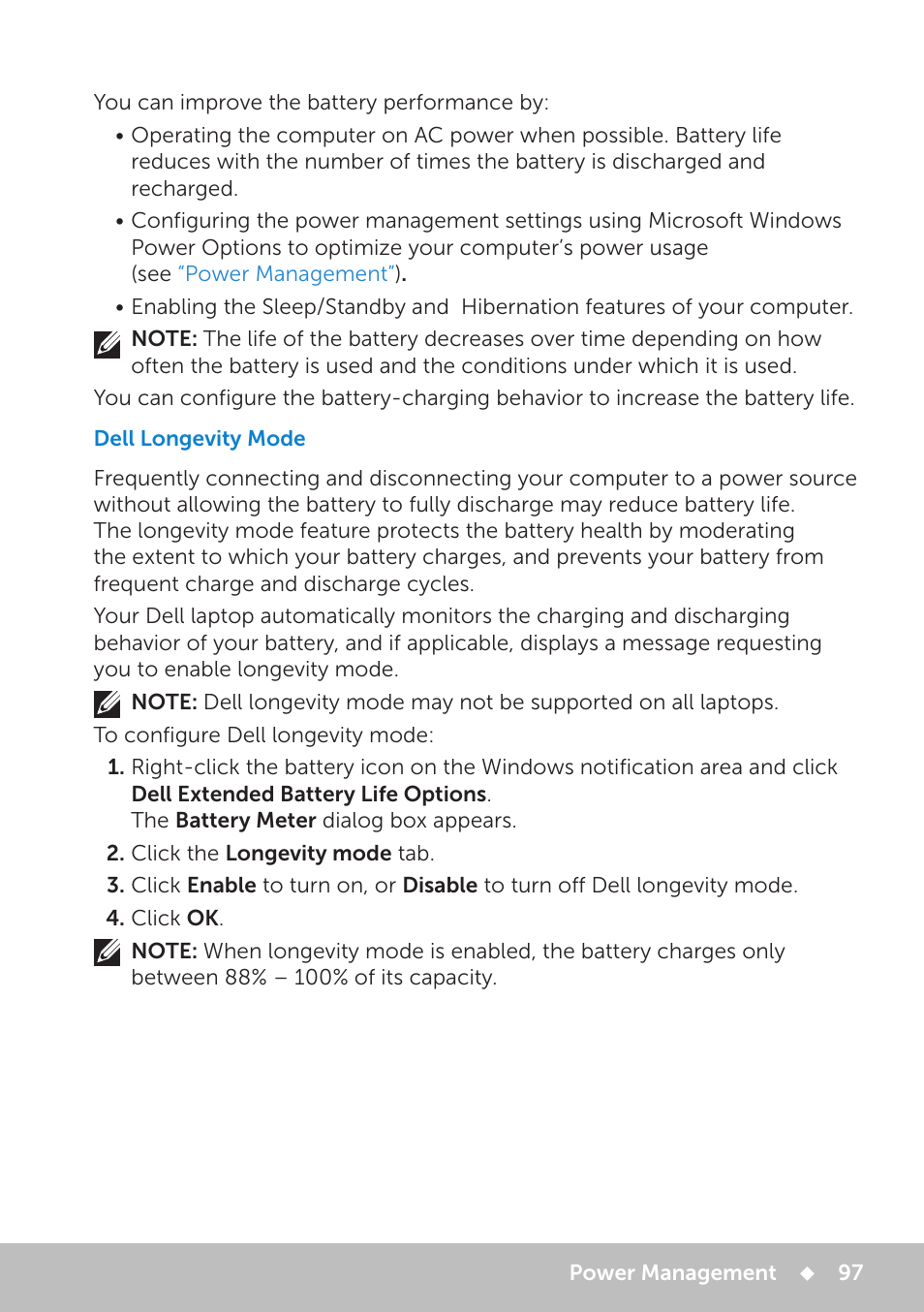 Dell longevity mode, Power management | Dell Inspiron 11 3148 User Manual | Page 97 / 102