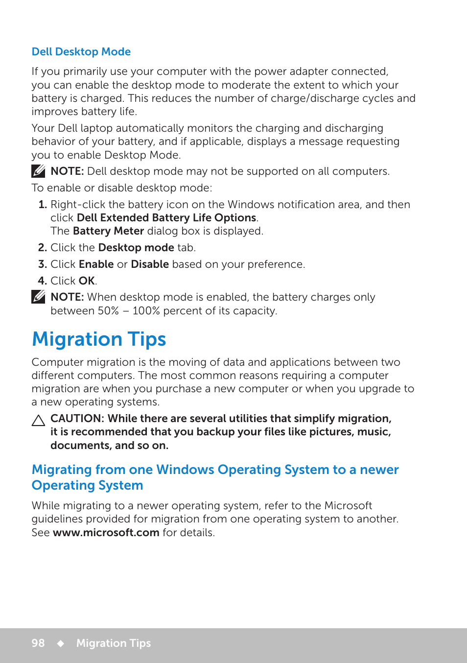 Dell desktop mode, Migration tips | Dell Inspiron 11 3148 User Manual | Page 98 / 102