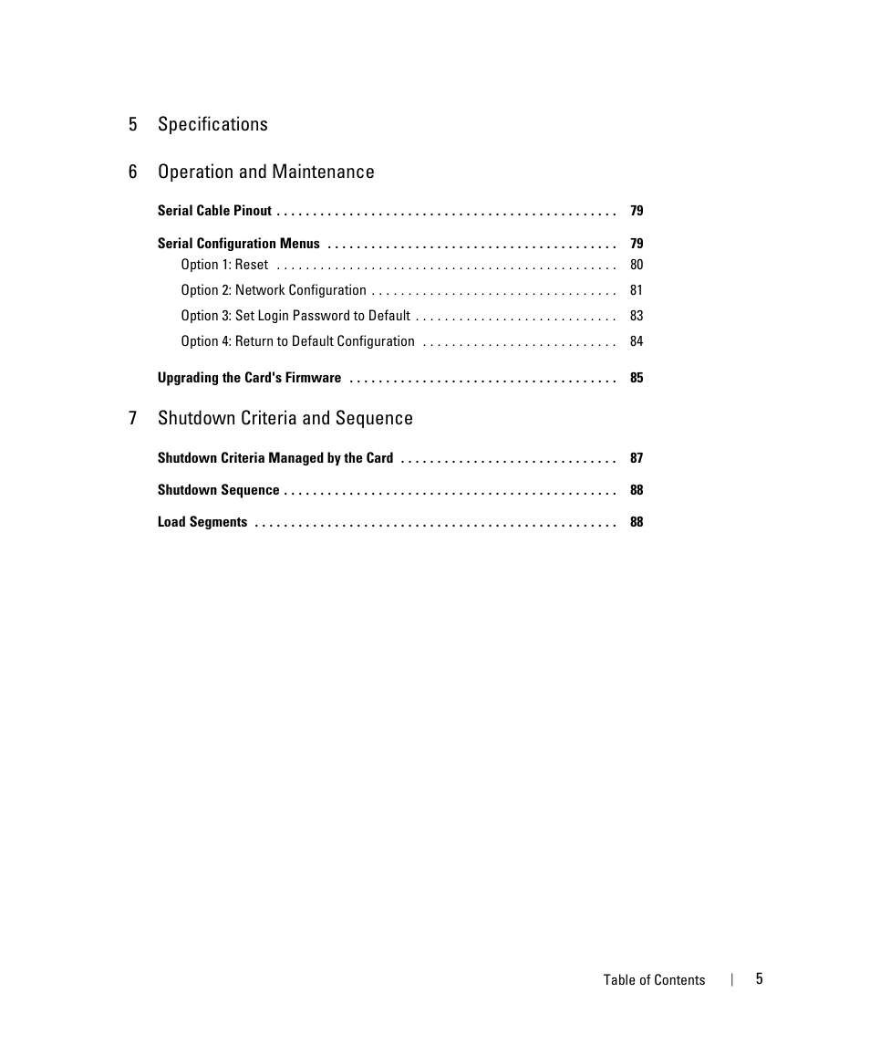 5specifications 6 operation and maintenance, 7shutdown criteria and sequence | Dell UPS 10000R User Manual | Page 5 / 88