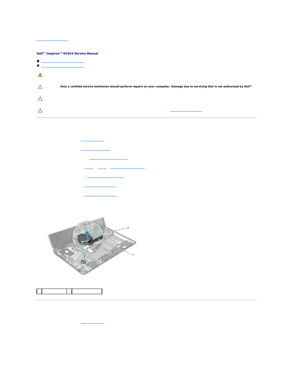 Coin-cell battery, Removing the coin-cell battery, Replacing the coin-cell battery | Dell Inspiron 17 (N7010, Mid 2010) User Manual | Page 13 / 63