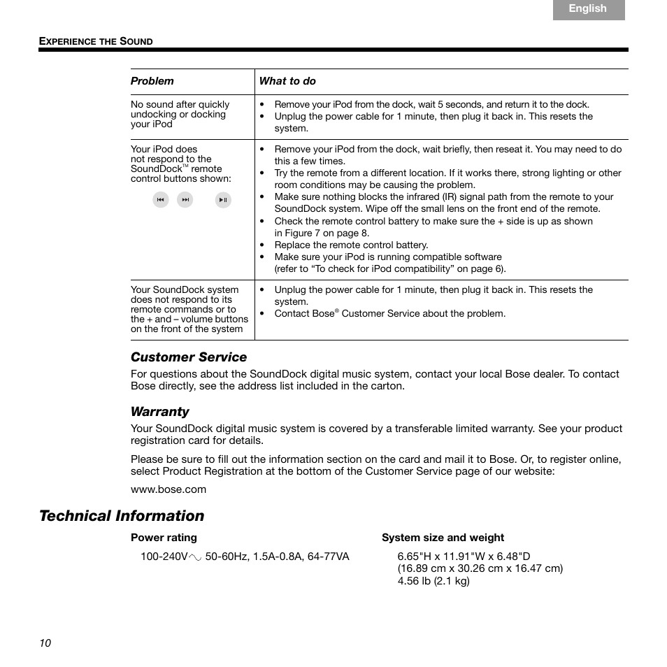 Technical information, Customer service, Warranty | Bose 336 User Manual | Page 10 / 72