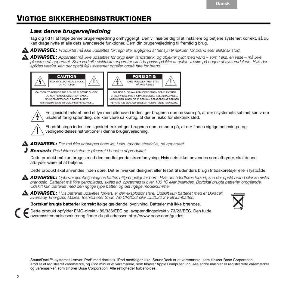 Igtige, Sikkerhedsinstruktioner | Bose 336 User Manual | Page 12 / 72
