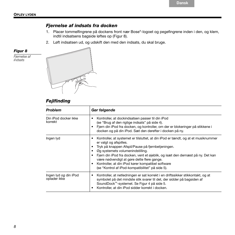 Fjernelse af indsats fra docken, Fejlfinding | Bose 336 User Manual | Page 18 / 72