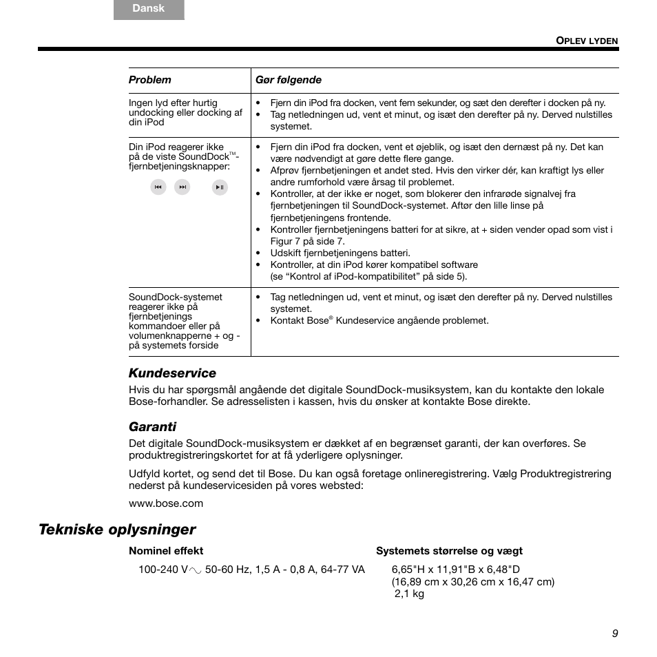 Tekniske oplysninger, Kundeservice, Garanti | Bose 336 User Manual | Page 19 / 72