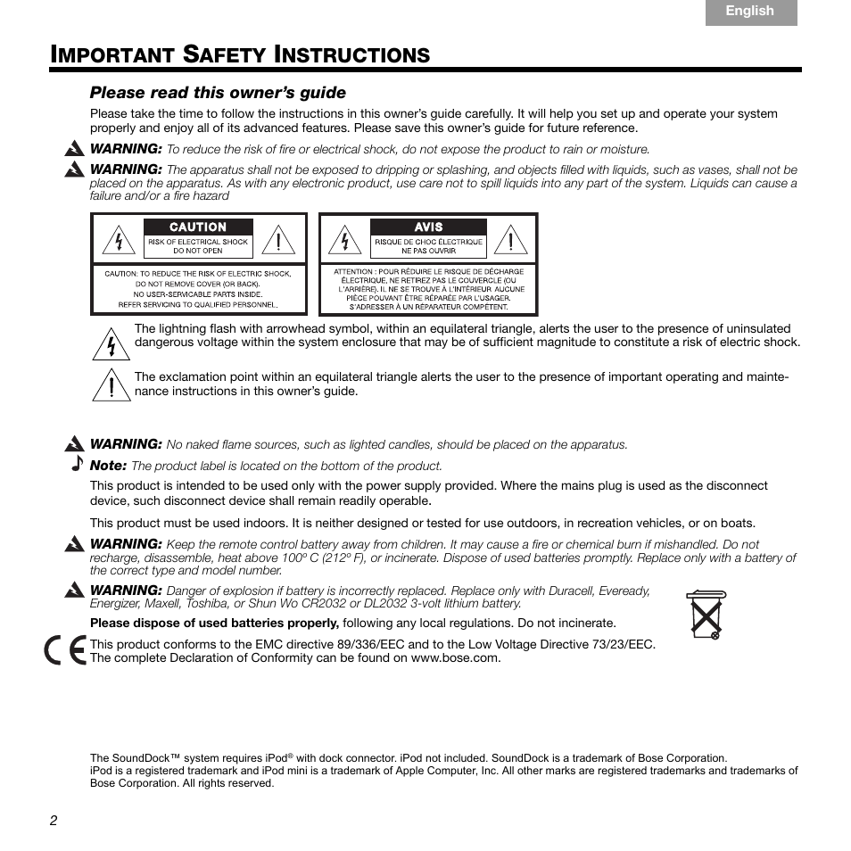 Mportant, Afety, Nstructions | Bose 336 User Manual | Page 2 / 72