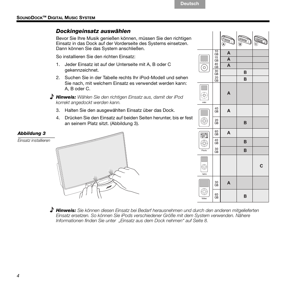 Dockingeinsatz auswählen | Bose 336 User Manual | Page 22 / 72