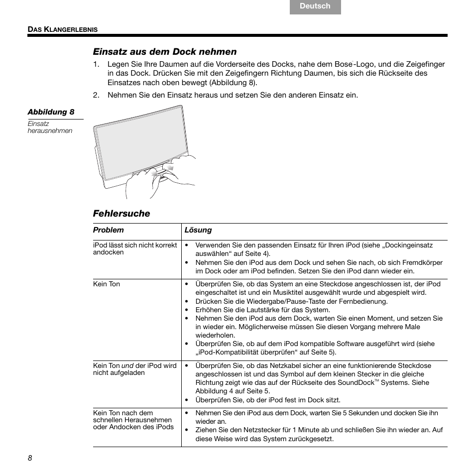 Einsatz aus dem dock nehmen, Fehlersuche | Bose 336 User Manual | Page 26 / 72
