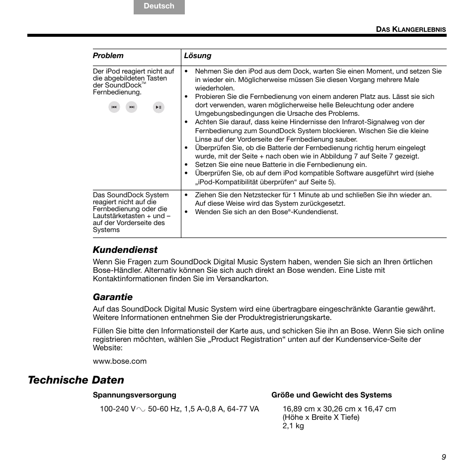 Technische daten, Kundendienst, Garantie | Bose 336 User Manual | Page 27 / 72