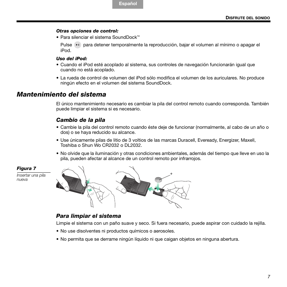 Mantenimiento del sistema, Cambio de la pila, Para limpiar el sistema | Bose 336 User Manual | Page 33 / 72
