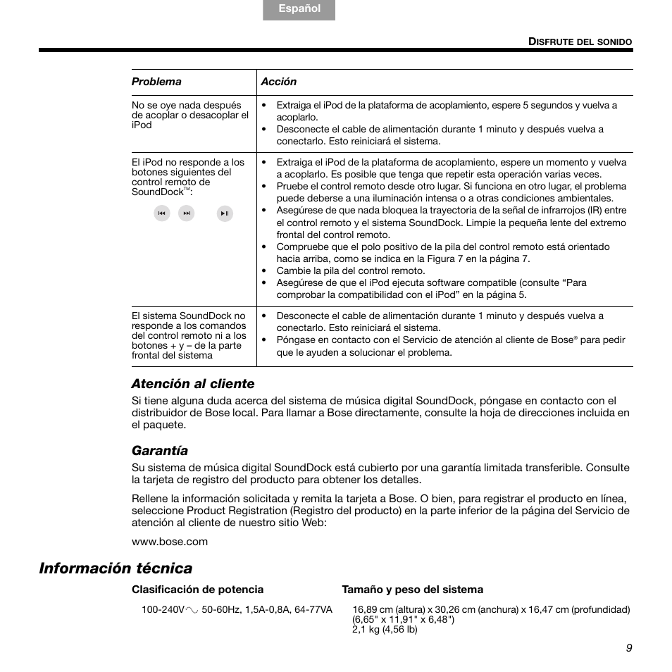 Información técnica, Atención al cliente, Garantía | Bose 336 User Manual | Page 35 / 72
