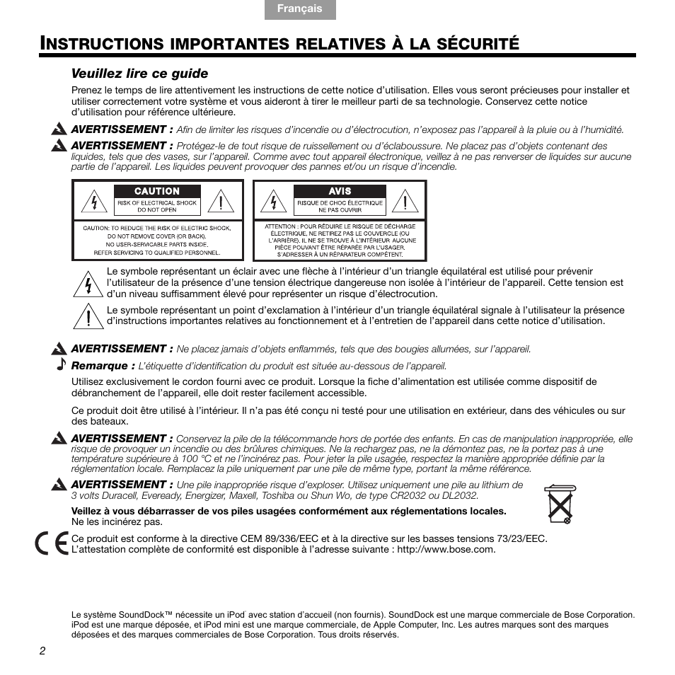 Nstructions, Importantes, Relatives | Sécurité | Bose 336 User Manual | Page 36 / 72