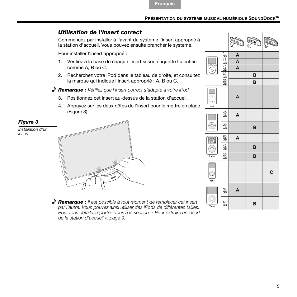 Utilisation de l’insert correct | Bose 336 User Manual | Page 39 / 72
