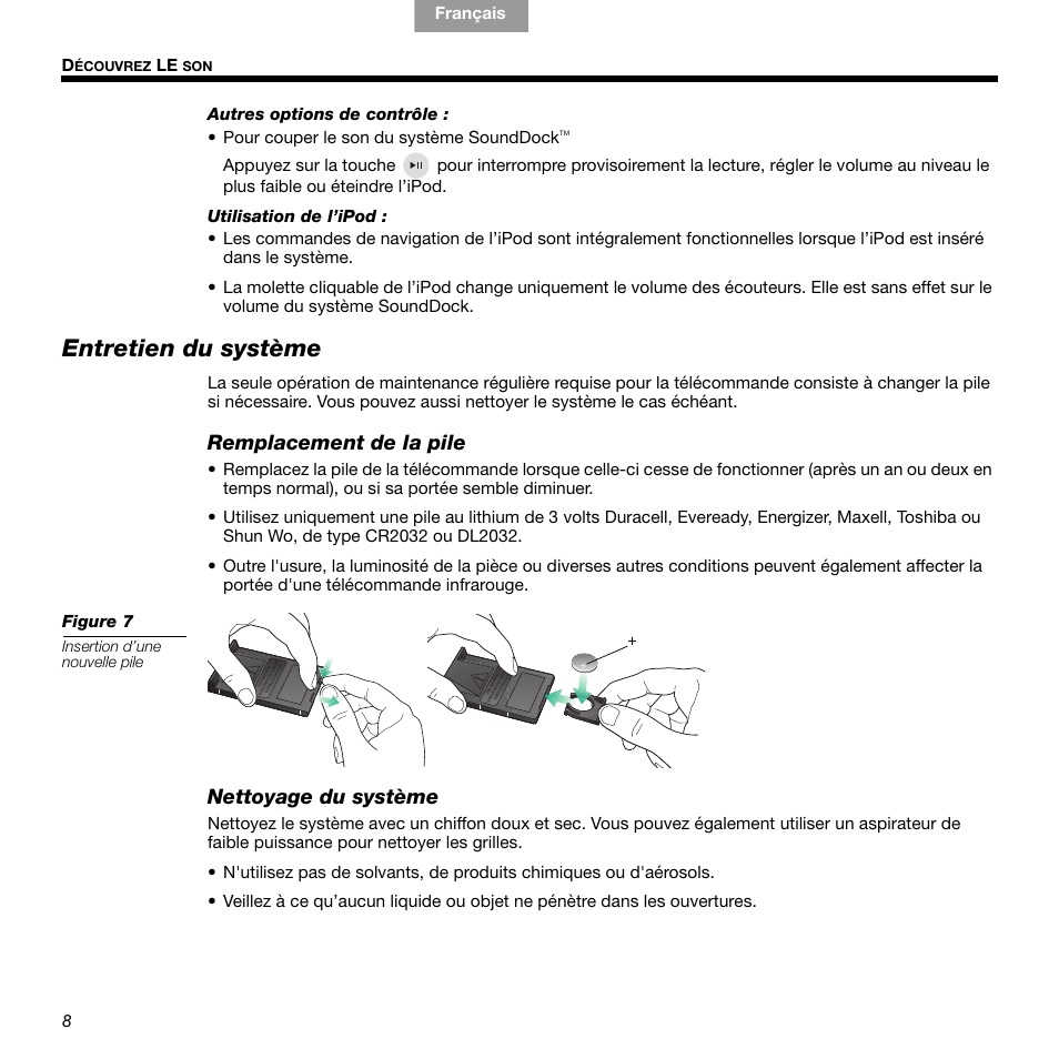 Entretien du système, Remplacement de la pile, Nettoyage du système | Bose 336 User Manual | Page 42 / 72