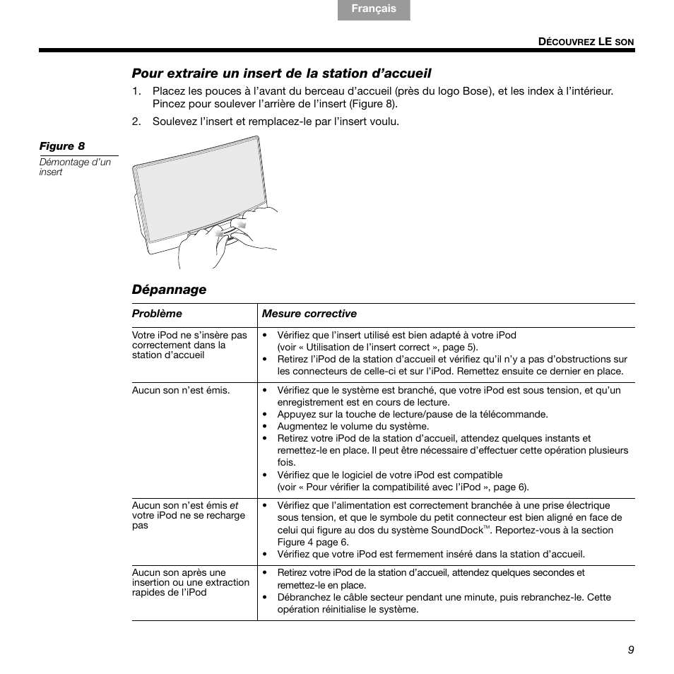 Pour extraire un insert de la station d’accueil, Dépannage | Bose 336 User Manual | Page 43 / 72