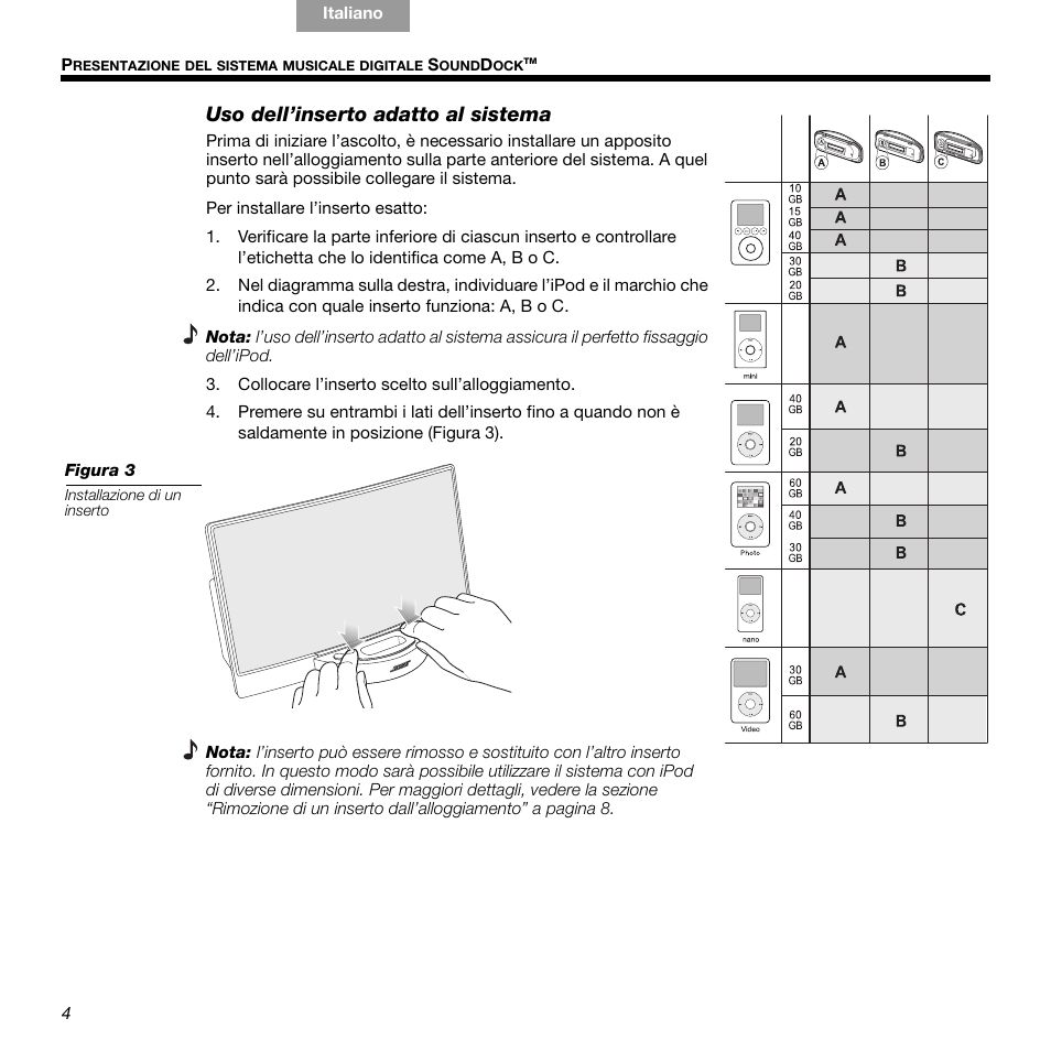 Uso dell’inserto adatto al sistema | Bose 336 User Manual | Page 48 / 72
