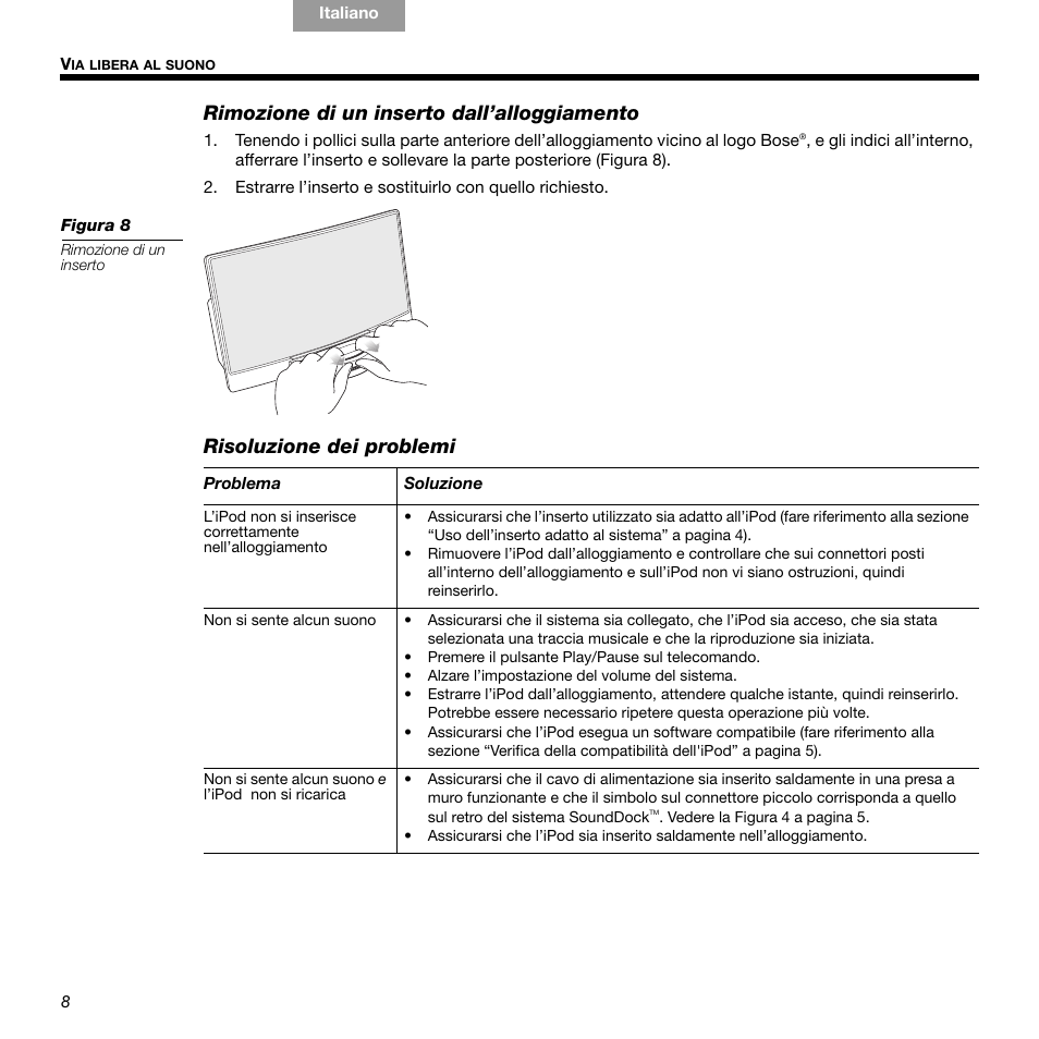 Rimozione di un inserto dall’alloggiamento, Risoluzione dei problemi | Bose 336 User Manual | Page 52 / 72