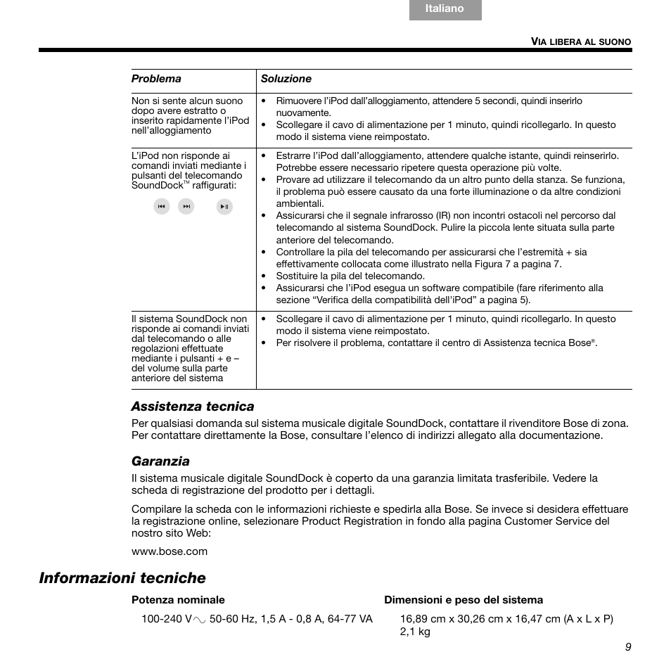 Informazioni tecniche, Assistenza tecnica, Garanzia | Bose 336 User Manual | Page 53 / 72