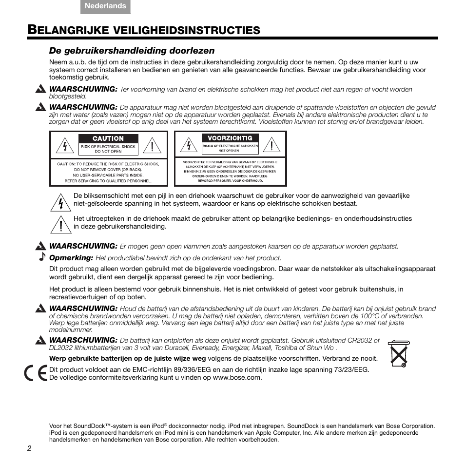 Elangrijke, Veiligheidsinstructies | Bose 336 User Manual | Page 54 / 72