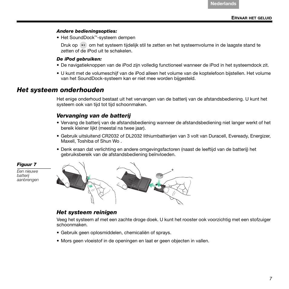 Het systeem onderhouden, Vervanging van de batterij, Het systeem reinigen | Bose 336 User Manual | Page 59 / 72
