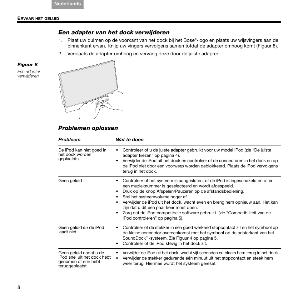 Een adapter van het dock verwijderen, Problemen oplossen | Bose 336 User Manual | Page 60 / 72
