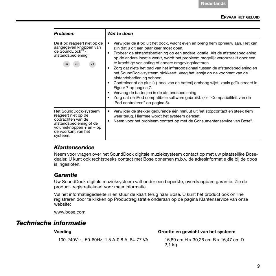 Technische informatie, Klantenservice, Garantie | Bose 336 User Manual | Page 61 / 72