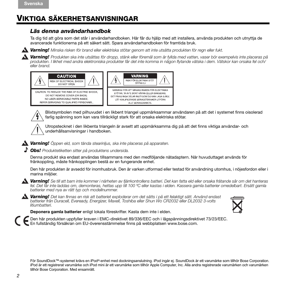 Iktiga, Säkerhetsanvisningar | Bose 336 User Manual | Page 62 / 72