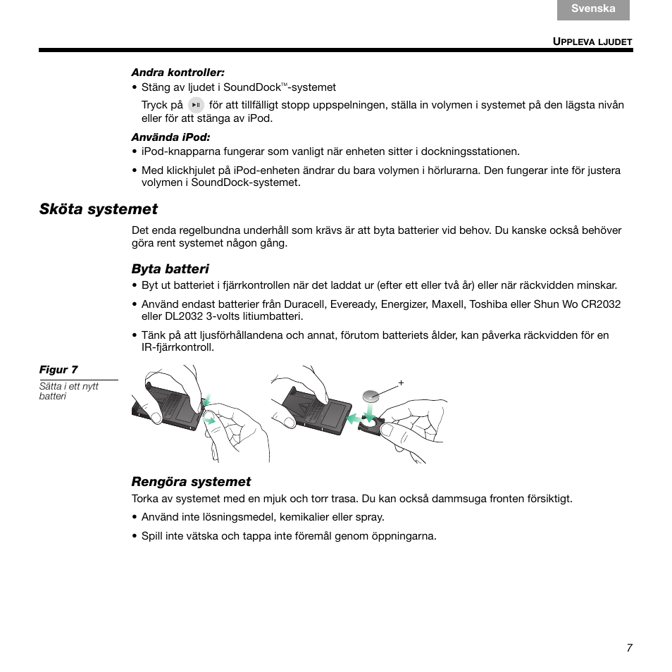 Sköta systemet, Byta batteri, Rengöra systemet | Bose 336 User Manual | Page 67 / 72