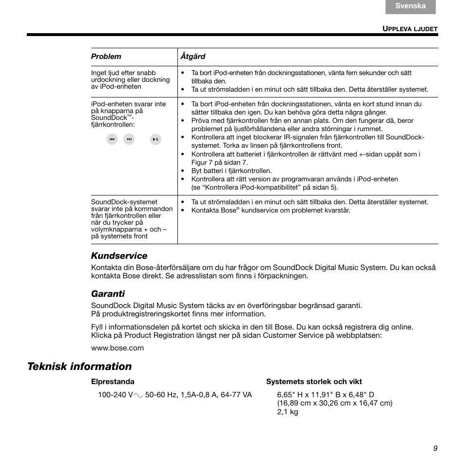 Teknisk information, Kundservice, Garanti | Bose 336 User Manual | Page 69 / 72